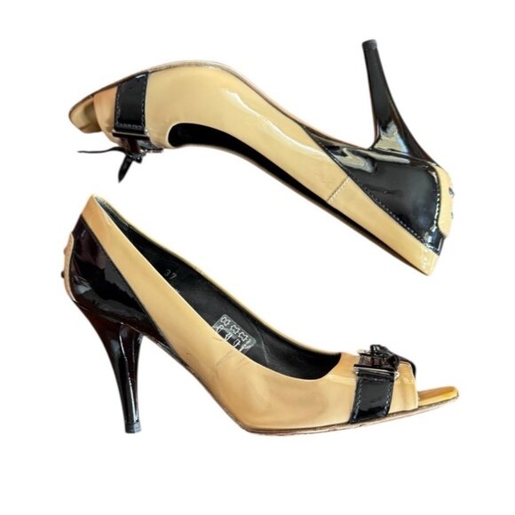 TOD'S Women's Sz 37 US Sz 6.5 Tan & Black Patent Leather Peep Toe Heels - Picture 11 of 15